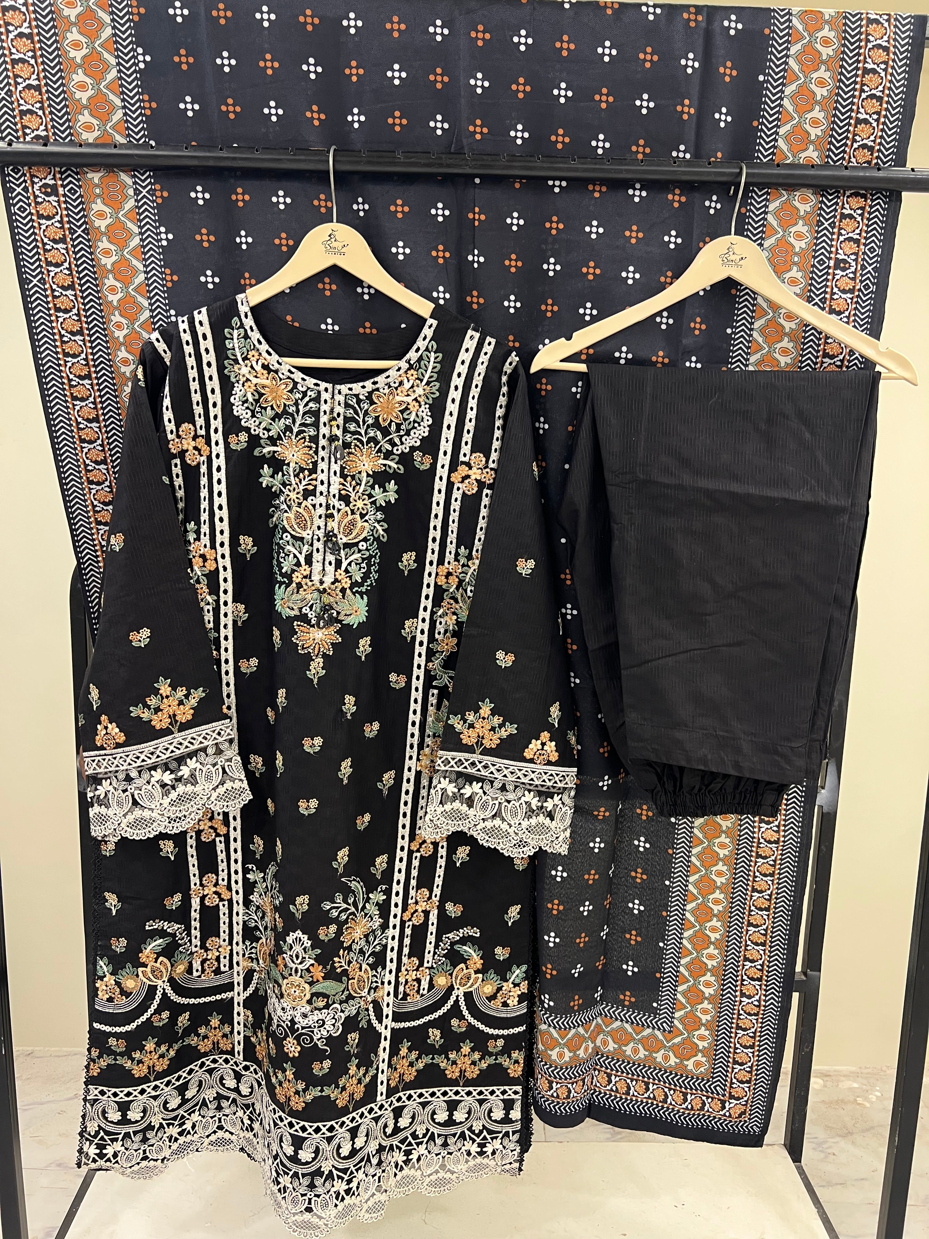 Black Aura Embroidery Three piece