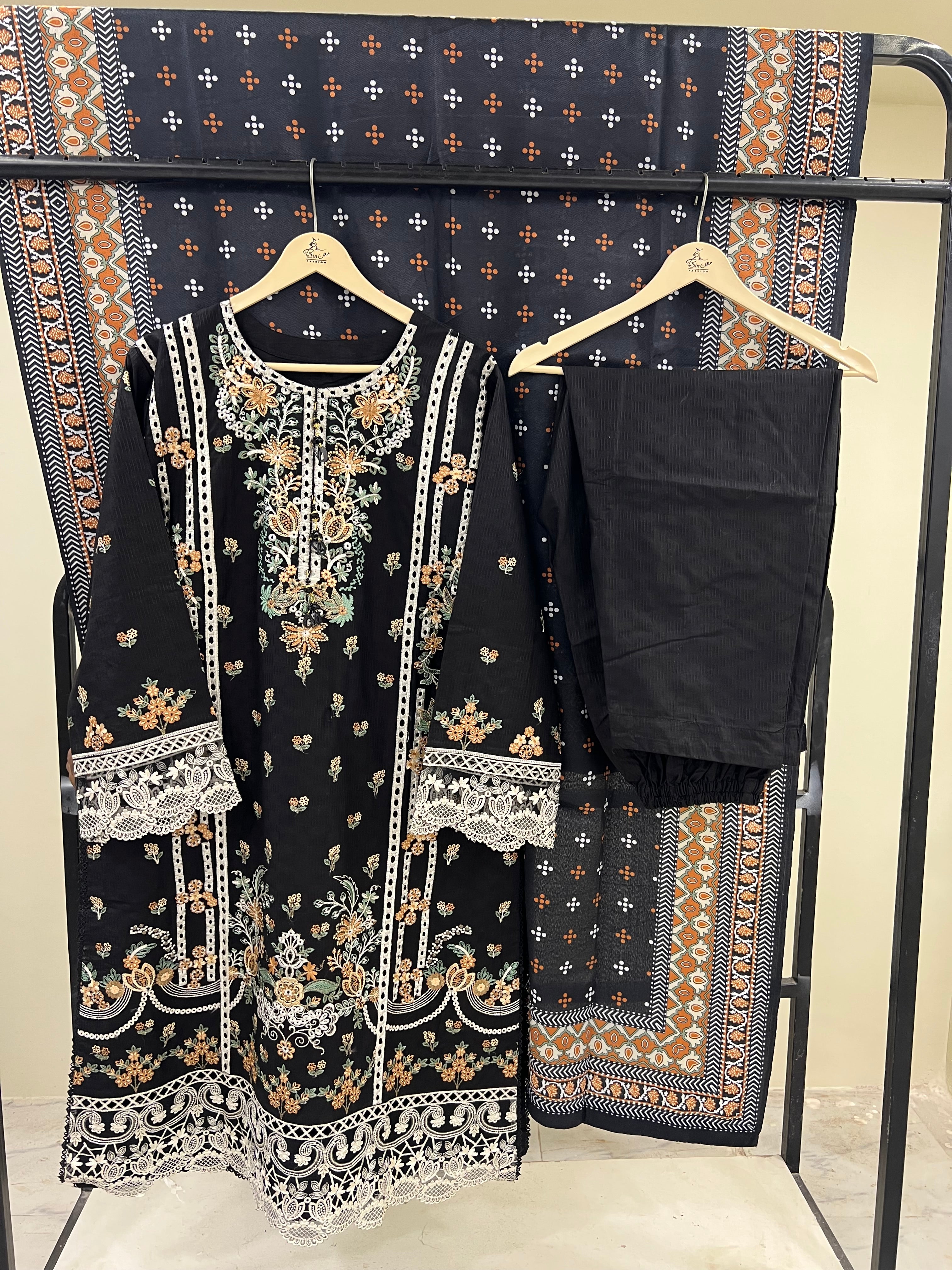 Black Aura Embroidery Three piece